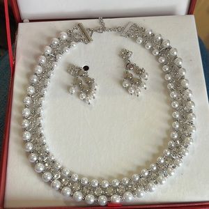 Pearl Necklace Crystallized With Swarovski Crystals and clip on earrings